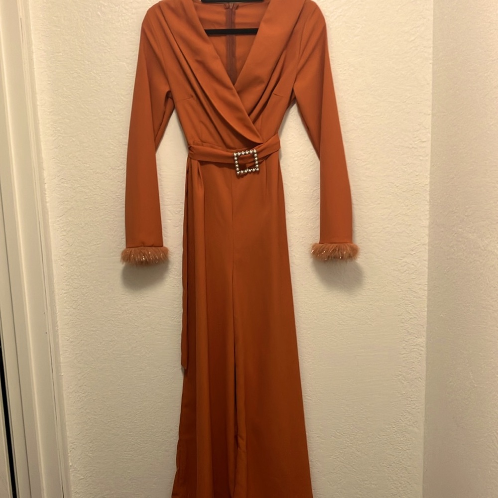 Elegant Orange Jumpsuit with Belted Waist - Picture 9 of 9